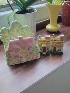 Ceramic Cottagecore Napkin Holder & Salt/Pepper Shakers Cottages & Little Birds